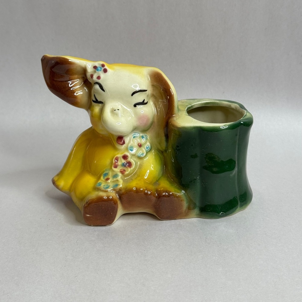 Vintage McCoy Ceramic Elephant Planter Pot Yellow Green‎ Floral Accent
